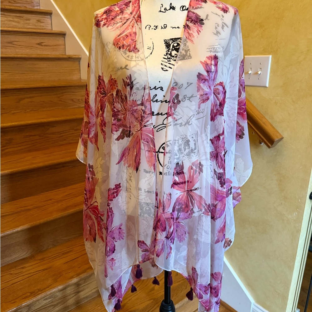 Floral Sheer Kimono with Tassels